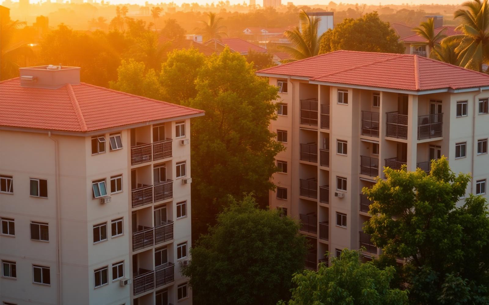 Apartment buildings at golden hour in Kampala, Uganda